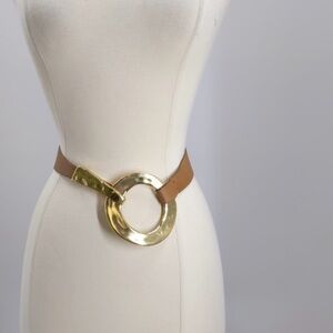 Coldwater Creek Tan Leather Belt With A Chunky Gold Metal Closure Size M Boho